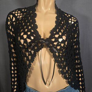 Y2K Black Crochet Cardigan Size L Bell Sleeves Fairy Goth Grunge Whimsigoth